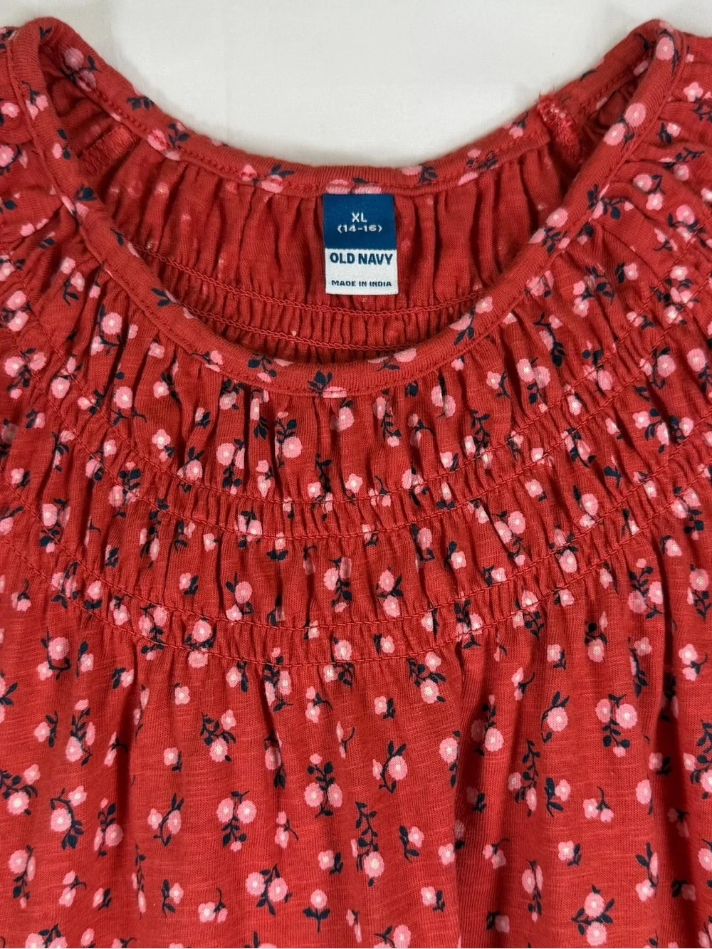 OLD NAVY Girls Smocked Tiered Dress Floral Puff Sleeve Coral Pink XL 14-16